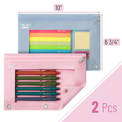 Mr. Pen- Pencil Pouch for 3 Ring Binder, 2 Pack, 10"x6.75", Smooth Zipper | Clear Window, Large Capacity Pencil Case with 3 Reinforced Grommets for School, Office, Supplies Storage | Clear Window, Large Capacity Pencil Case with 3 Reinforced Grommets for
