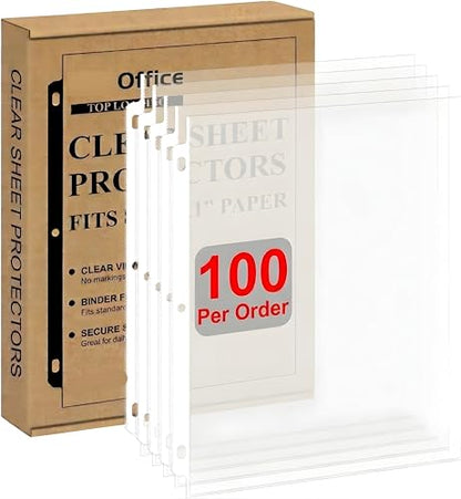 100 Pack Clear Sheet Protectors for 3 Ring Binder, Heavy Duty Plastic Sleeves 8.5 x 11, Top Loading Page Protectors for Documents, Photos & Paper, Letter Size