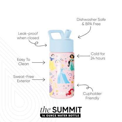 Simple Modern Disney Princess Kids Water Bottle with Straw Lid | 14oz Insulated Stainless Steel Kids Tumbler & Spill Proof Toddler Cup for School, Girls, Boys | Summit | Princess Rainbows