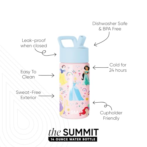 Simple Modern Disney Princess Kids Water Bottle with Straw Lid | 14oz Insulated Stainless Steel Kids Tumbler & Spill Proof Toddler Cup for School, Girls, Boys | Summit | Princess Rainbows