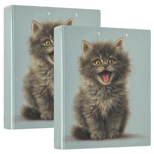 Fustylead Realistic Black Kitten Yawning Pattern 3 Ring Binder, D-Rings 1.5" Hardcover Folder, Fits 200 Sheets of A4 Paper, Durable Clipboard & Clean View with Inside Pockets for School Home Office - size: 12.4x10.63x2.36 Inch-2 Pack