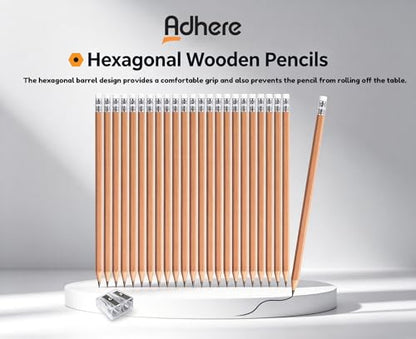 Adhere 25pcs Woodcase Pencils with Eraser Premium Pre-Sharpened Hexagon Graphite 2B pencils ideal for home, office writing including a Free Sharpener (Nature wood・25pcs) - color: Nature wood・25pcs