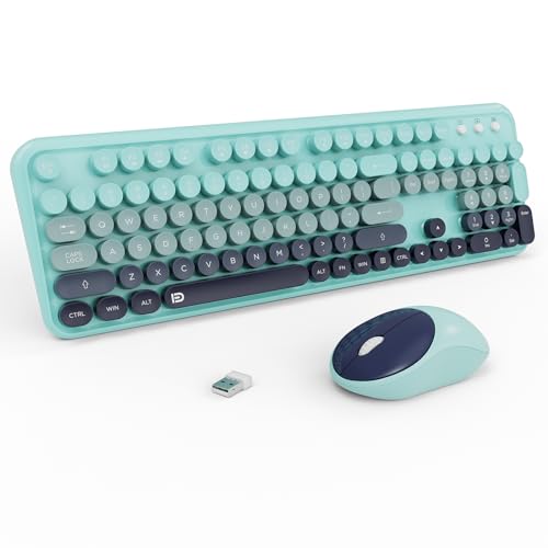 Wireless Keyboards Mouse Combos, Colorful Cute Typewriter Full-Size Retro Round Keycaps, 2.4GHz Cordless Connection Sleep Mode Office Wireless Keyboard and Mouse Set for Desktop Laptop PC Computer - color: 105 Keys Indigo Blue Colorful