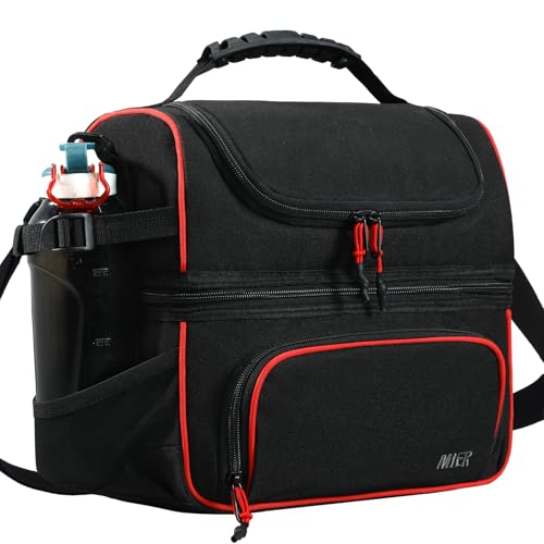 MIER Dual Compartment Lunch Bag Tote with Shoulder Strap for Men and Women Insulated Leakproof Cooler Bag, Black/Red - color: Black/Red