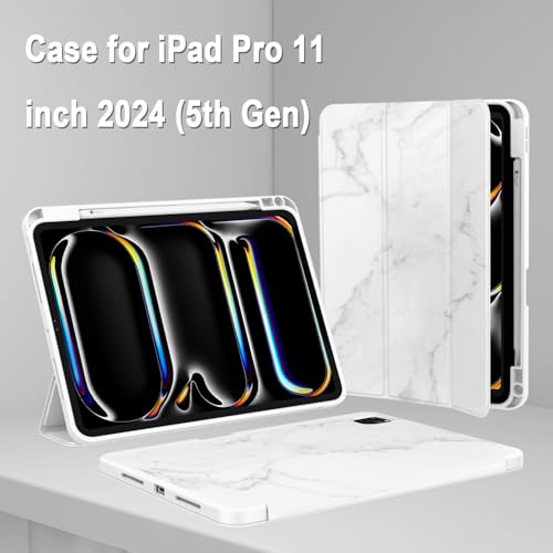 ZryXal iPad Pro 11 Inch Case (M5) 2025/ (M4) 2024 (Model: A2836/A2837/A3006), Trifold Stand Smart Cover with Pencil Holder and Soft TPU Back, Auto Wake/Sleep (Marble White) - color: Marble White