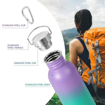 Volhoply 20oz Uninsulated Single Walled Water Bottle, Stainless Steel Reusable Water Bottles with Handle & Carabiner, BPA Free 18/8 304 Sports Water Bottles for Camping Hiking（Purple Green,1） - color: Purple Green