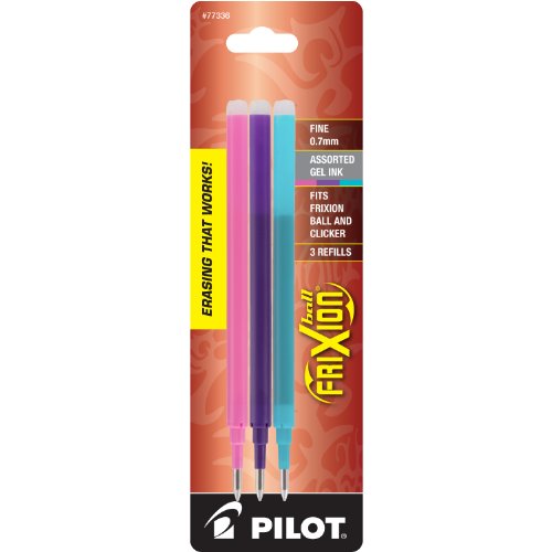 Pilot, FriXion Ball Gel Ink Refills for Erasable Pens, Fine Point 0.7 mm, Erasable Pen Refills, Pack of 3, Pink/Purple/Turquoise