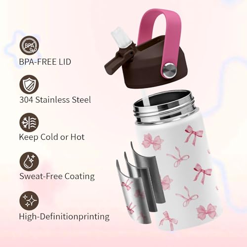 Bow Water Bottle for Girls, 12 Oz Leak-proof Tumblers with for Teens | Stainless Steel Travel Mugs for Kids, Christmas Birthday Gift for Women, Back to School Supplies, 1PCS