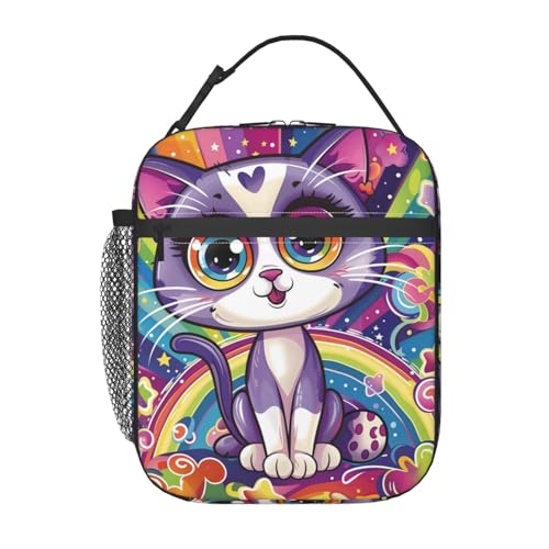 Cute Cat Lunch Box for Kids Aldults, Colorful Cartoon Reusable Thermal Insulation Cooler Tote Bags, Rainbow Star Big Eye Kitten Insulated Bag for Student, School Picnic Camping Travel, Gifts - color: Cat01