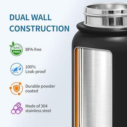 GOPPUS Insulated Water Bottle 20oz Stainless Steel BPA-Free Sports Bottle Ideal for School and Travel Silicone Spout Lid Prevents Leaks, Sweat, and Dust (Black) - color: Black