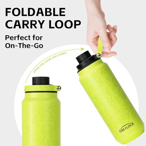 GREYLOCK 32 oz Insulated Water Bottle with Straw Lid, Leakproof Reusable Stainless Steel Vacuum Flask, 24hr Cold & Hot, Carry Handle & Silicone Spout, BPA-Free for Gym, Hiking, Travel,Green - color: Lemon Grove, size: 32 Ounces