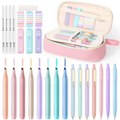 SUNEE 35PCS Aesthetic Stationery Set with Cute Pencil Case, Pastel Highlighters, Black Gel Pens, Mechanical Pencils & Refills, College School Supplies for Students Girls Pink - color: Pink, style: 35 Pack