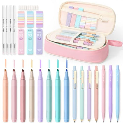 SUNEE 35PCS Aesthetic Stationery Set with Cute Pencil Case, Pastel Highlighters, Black Gel Pens, Mechanical Pencils & Refills, College School Supplies for Students Girls Pink - color: Pink, style: 35 Pack