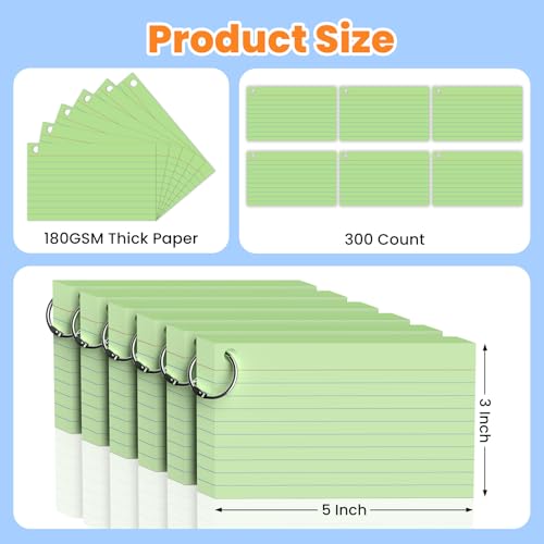300 Count Green Index Cards 3x5 Inch with Ring, Heavy Weight Flash Cards, Note Taking Supplies, Portable Note Cards, Study Flashcards for Students & Teachers, Office Home School Study Supplies - color: Green