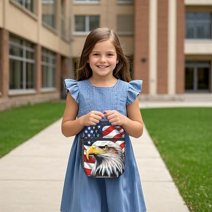 Insulated American Flag Eagle Lunch Bag, Reusable Cooler Tote with Handle | Portable lunch bag with insulated lining, side mesh pocket and spacious design for school, office, picnic and outdoor use - color: American Flag Eagle