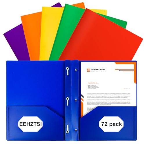 72-Pack Plastic Folders with Pockets and Prongs,2-Pocket Folders with 3 Fasteners, Holds 8-1/2" x 11" Paper for School/Office/Home, Assorted - color: Mult-colored, size: 72-Pack
