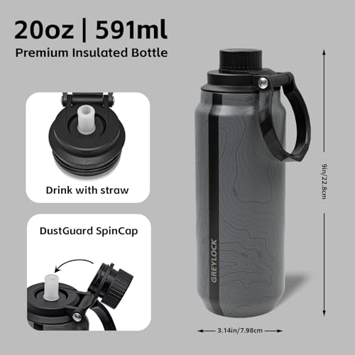 Greylock 20 oz Insulated Water Bottle with Straw Lid, Reusable Stainless Steel Sports Water Bottles with Foldable Handle, Leak Proof, Double-Wall Vacuum Insulation, 24 Hours Cold (Mapmaker's Muse) - color: Mapmaker's Muse, size: 20 Ounces