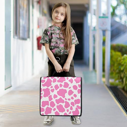 3 Ring Zipper Binder Pink Cow Print Binder Organizer Portfolio with File and Shoulder Strap & Handle Large Capacity File Folder - color: Pink Cow Print