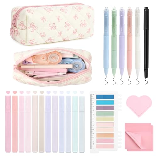 22Pcs Book Annotation Kit Aesthetic Pencil Case with Supplies School Annotation Supplies Gel Pen Transparent Sticky Note Taking Bible Study College Stationery Supplie (Pink Bows) - color: Pink Bows