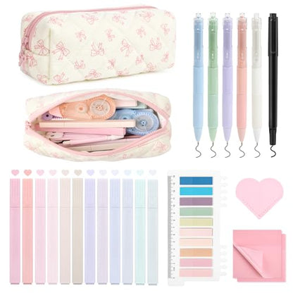 22Pcs Book Annotation Kit Aesthetic Pencil Case with Supplies School Annotation Supplies Gel Pen Transparent Sticky Note Taking Bible Study College Stationery Supplie (Pink Bows) - color: Pink Bows