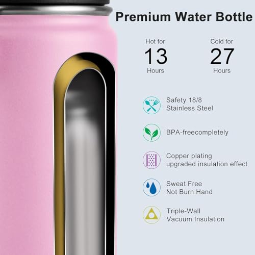 koodee 16 oz Water Bottle-Stainless Steel Double Wall Vacuum Insulated Wide Mouth Water Bottle with Leakproof Spout Lid (Pink) - color: Pink, size: 16 Ounces