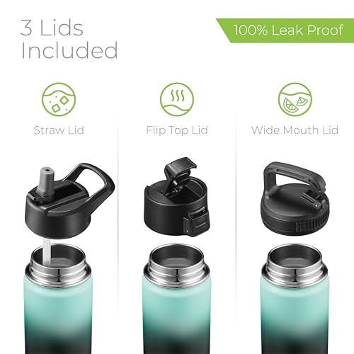 SipX™ 18 oz Insulated Water Bottle with 3 Lids – Leakproof Stainless Steel, Triple Insulated – Cold 24 Hours/Hot 12 Hours – Durable Bottle for School, Gym, Travel – Gradient Mint Black - color: Gradiant Mint Black, size: 18 Ounces