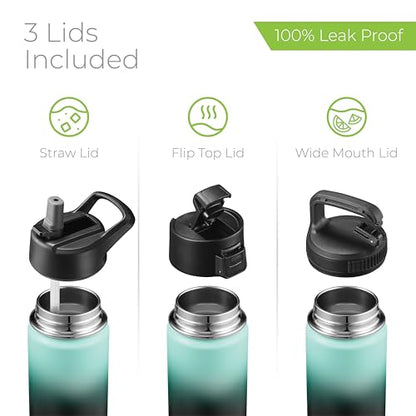 SipX™ 18 oz Insulated Water Bottle with 3 Lids – Leakproof Stainless Steel, Triple Insulated – Cold 24 Hours/Hot 12 Hours – Durable Bottle for School, Gym, Travel – Gradient Mint Black - color: Gradiant Mint Black, size: 18 Ounces