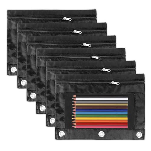 Pencil Pouch for 3 Ring Binder, 6 Pack Black Zipper Pencil Pouches, Clear Window Pencil Case for Binder, 3 Hole Pen Pouch Bulk, Pencil Bag with Grommets for College Office Supplies - color: Black