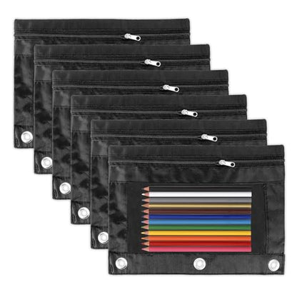 Pencil Pouch for 3 Ring Binder, 6 Pack Black Zipper Pencil Pouches, Clear Window Pencil Case for Binder, 3 Hole Pen Pouch Bulk, Pencil Bag with Grommets for College Office Supplies - color: Black