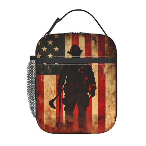 Firefighter Retro Lunch Box for Kids,American Flag Vintage Insulated Bag for Student,Patriotic Thermal Insulation Cooler Tote Bags for School Work Picnic Camping Outdoor Gifts - color: Firefighter