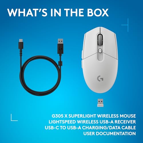 Logitech G305 X SUPERLIGHT Wireless Gaming Mouse, Lightweight 59g, HERO 44K Sensor, RGB lighting, LIGHTSPEED and Bluetooth, 130+ Hr Battery Life, 6 Programmable Buttons, Compatible with PC/Mac - White - color: White, style: Superlight