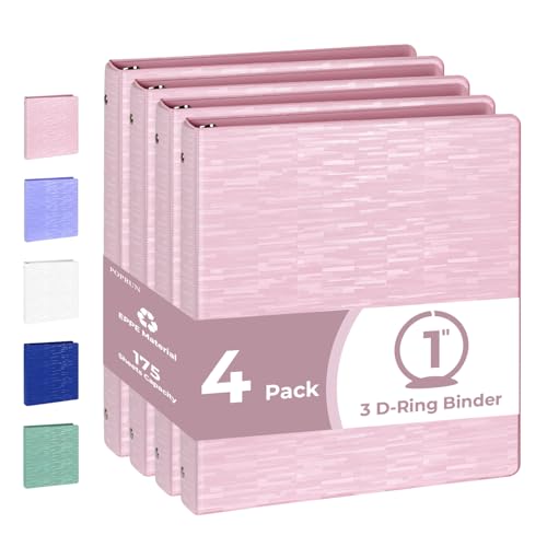 POPRUN 3 Ring Binder 1 Inch, PVC-Free, Holds 175 Sheets of 8.5 x 11 Paper, Extra Durable Organizer with 2 Pockets for School & Office, Heavy-Duty, 4 Pack, Pink - color: Pink, size: 1 inch