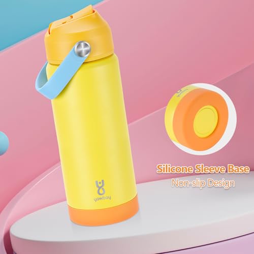 18oz Kids Insulated Water Bottle with Straw Lid & Silicone Handle,Kids Leak Proof Water Bottle for School Boys Girls,Double Wall Vacuum Stainless Steel with Non-slip Silicone Base(Yellow) - color: Yellow, size: 18 Ounces