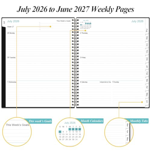 2026-2027 Planner - Planner 2026-2027 from July 2026 - June 2027, Weekly & Monthly Planner Spiral Bound with 12 Monthly Tabs, Inner Pocket, 6.4" x 8.5", Black-E - color: Black-E, size: 6.4" x 8.5"