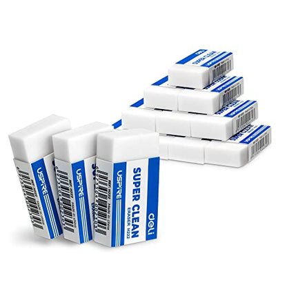 Deli Pencil Erasers, Pencil Eraser, 10 Pack, White Erasers, Erasers for Drawing, Kids, Artist, White, Large - size: 1.77" x 0.90" 0.43"