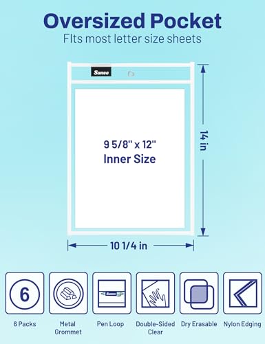 SUNEE 6 Packs Oversized Reusable Dry Erase Pocket Sleeves with Ring, White 10x14 Ticket Holders, Clear Plastic Sheet Protectors, Teacher School Classroom Supplies - color: White, style: 6 Pack