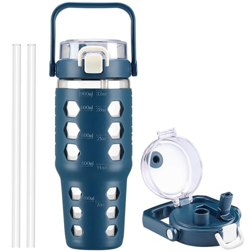 MUKOKO 32 oz Glass Tumbler with Straw,Glass Water Bottles with Time Marker,Iced Coffee Cup with Silicone Sleeve,Motivational Drinking Bottles,Leakproof-Blue - color: Blue, size: 32 Ounces