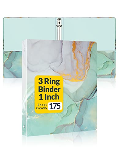 SUNEE 1 Inch 3 Ring Binder, Three Ring Binder with 2 Pockets, Heavy Duty Letter Size Organizer for School and Office Supplies (8.5 x 11 Inches), Green Marble Design - color: Green Marble, size: 1 in, style: Single Binder