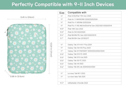 Dadanism 9-11 Inch Tablet Sleeve Bag Carrying Case, Green&White Daisy | Fits iPad (A16) 11th Gen 11", iPad 10th Gen 10.9" Air 5/4, iPad Air M4/Pro 11", iPad 9/8/7th 10.2", Galaxy Tab A11+ Plus 11" - color: Green & White Daisy, size: 9-11 inch