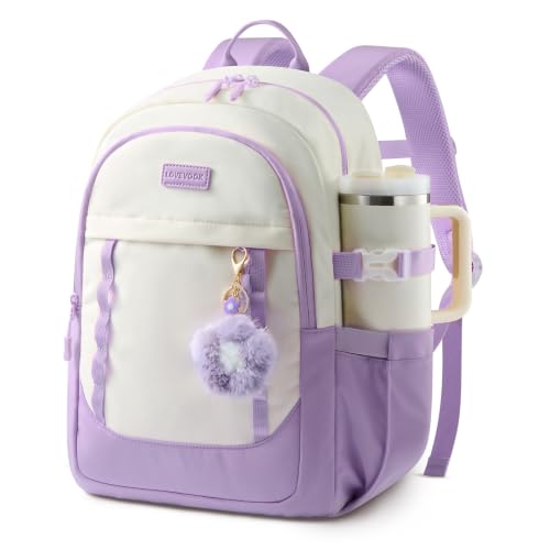 LOVEVOOK School Backpack for Teen Girl, Cute Student Bookbag Fits 15.6 Inch Laptop, Back to School Backpack Purse for Teenagers, Casual Daypack Kid Back Pack Travel Bag, Gift - color: Beige-purple, size: 15.6 Inch