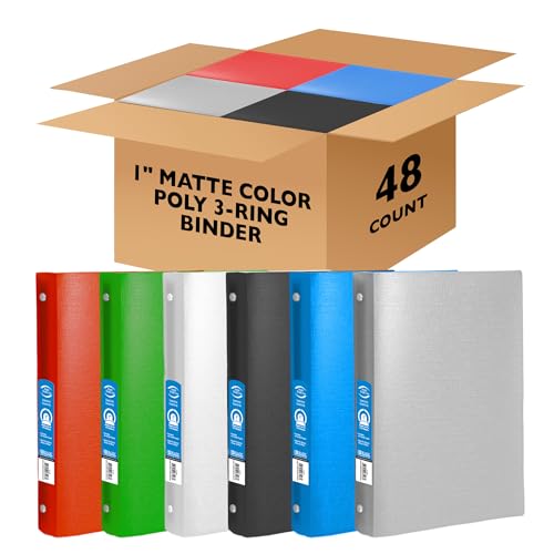 BAZIC 1" Matte Color Poly 3-Ring Binder w/ Pocket for School, Home, or Office (Case of 48) (3132-48) | round rings, 1 in classic color poly 3-ring binder, 1 inside pocket, holds up to 175 sheets, Durable poly - color: Photo, size: 48-Pack