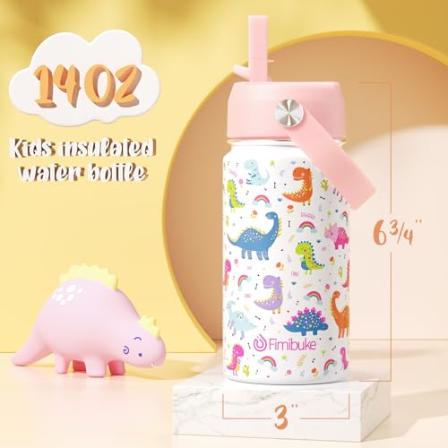 Fimibuke Kids Insulated Water Bottle, 14oz BPA FREE 18/8 Stainless Steel Travel Tumbler Double Wall Vacuum Leak Proof Kids Cup with Straw Metal Bottle for School Boys Girls(1 Pack, WHITE DINOSAUR) - color: A12. WHITE DINOSAUR