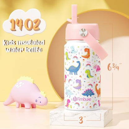 Fimibuke Kids Insulated Water Bottle, 14oz BPA FREE 18/8 Stainless Steel Travel Tumbler Double Wall Vacuum Leak Proof Kids Cup with Straw Metal Bottle for School Boys Girls(1 Pack, WHITE DINOSAUR) - color: A12. WHITE DINOSAUR