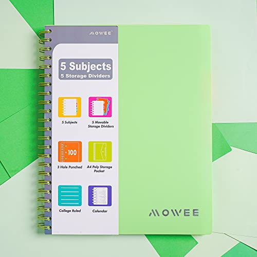 Spiral Notebook - 5 Subject Notebook, College Ruled Notebook With Dividers Pocket, Tabs Label, Ruler, 100Sheet 200 Pages, for Writing Journal, Home & Office, School Supplies, 8.5''x11'' Lime | 200 Pages, 11" Ruler, 8.5"x11" Lime, Pocket Dividers with Tab