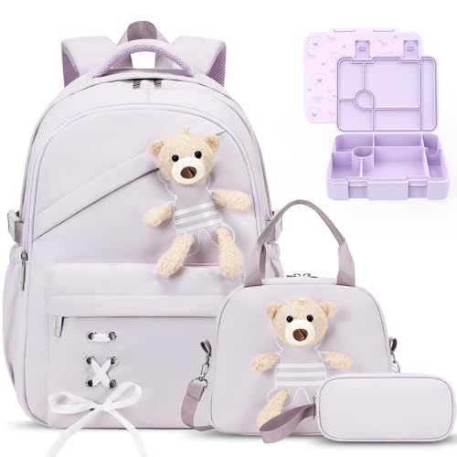 ACESAK Backpack for Girls with Bento Box - 4 PCS Cute Girls Backpack with Lunch Box, Pencil Case & Bento Box Set - 43oz Leakproof Lunch Box Kids Snack Containers Set Back to School Supplies (Purple) - color: Purple