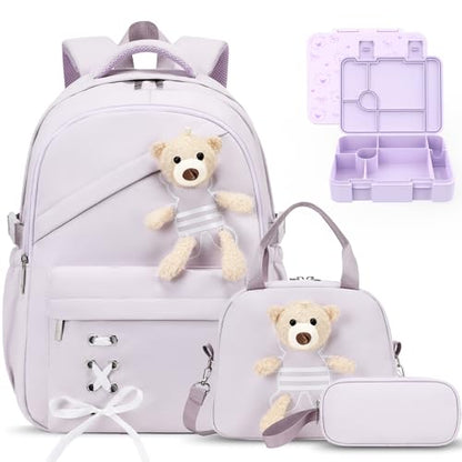 ACESAK Backpack for Girls with Bento Box - 4 PCS Cute Girls Backpack with Lunch Box, Pencil Case & Bento Box Set - 43oz Leakproof Lunch Box Kids Snack Containers Set Back to School Supplies (Purple) - color: Purple