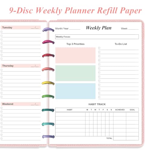 9 Disc Weekly Planner Undated Refills - Classic Size 53 Sheets/106 Pages Colorful Weekly Planner for Happy Planners Insert, 100 gsm White Paper, Lasts 1 Year, Undated, 7" x 9.25" - size: 1-Pack, style: 9-Disc/Classic Size