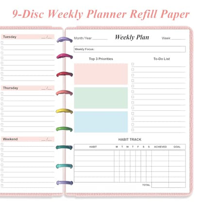 9 Disc Weekly Planner Undated Refills - Classic Size 53 Sheets/106 Pages Colorful Weekly Planner for Happy Planners Insert, 100 gsm White Paper, Lasts 1 Year, Undated, 7" x 9.25" - size: 1-Pack, style: 9-Disc/Classic Size