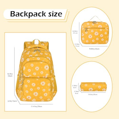Glodwheat Daisy Printed Backpack For Girls- 3Pc Set With Lunch Box & Pencil Case, Lightweight Water-Resistant Bookbag For Elementary School - color: Lemon