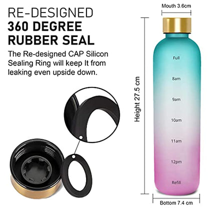 SHAPEX - Time Marked Cute Water Bottles For Women And Men With Times To Drink, BPA Free Frosted & Aesthetic Water Bottle With Time Marker, Clear Water Bottle 1 Liter | 32 Oz (Green Purple)
